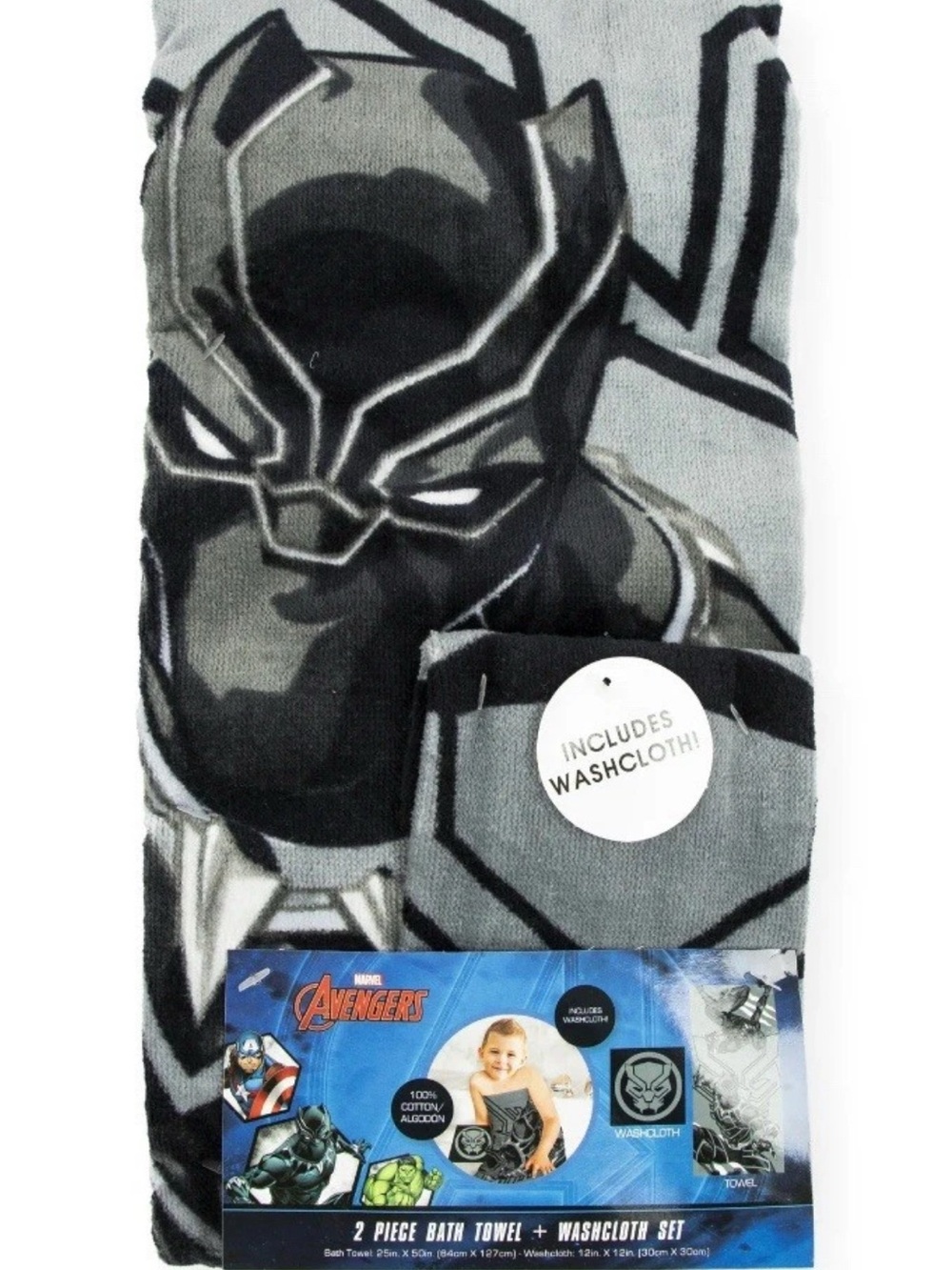 Marvel Black Panther Gray & Black Bath Towel Set with Washcloth